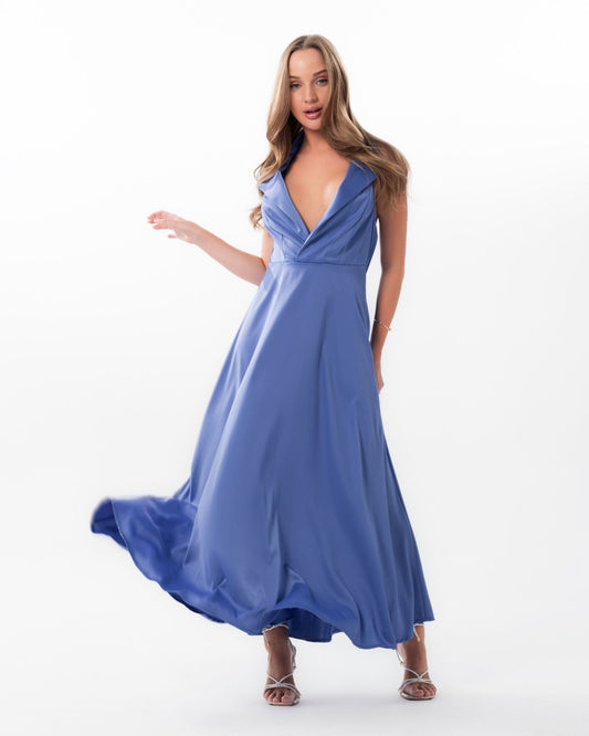 Blue Back Detail Satin Dress