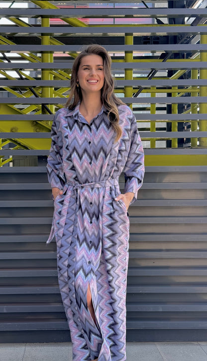 Zigzag Elegance Printed Belted Shirt Dress