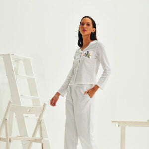 OLIVE BLOUSE TOP & PANTS WHITE LINEN SET