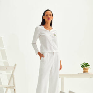 OLIVE BLOUSE TOP & PANTS WHITE LINEN SET