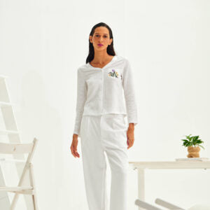 OLIVE BLOUSE TOP & PANTS WHITE LINEN SET