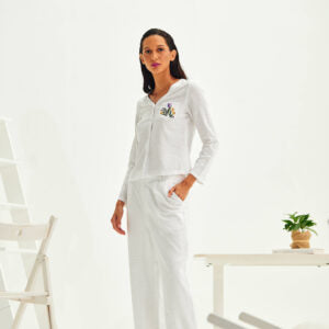 OLIVE BLOUSE TOP & PANTS WHITE LINEN SET